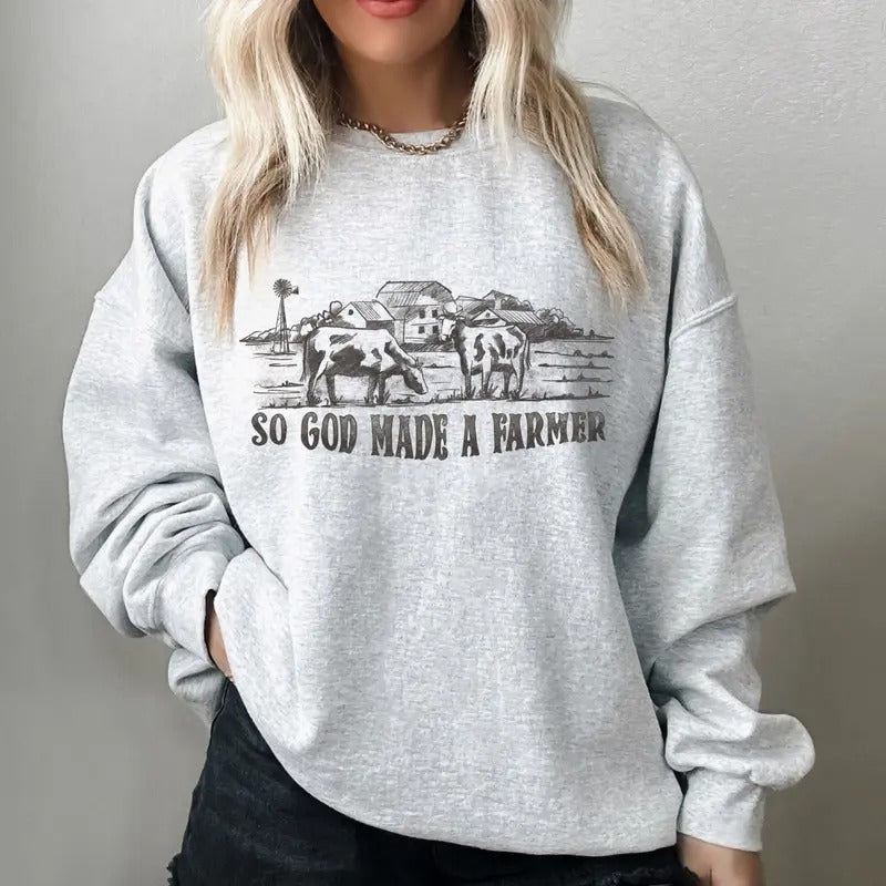 So God Made A Farmer Vintage Style Western Sweatshirt, Cow Farm Graphic Sweater, Country Gifts For Him Or Her, westernn...