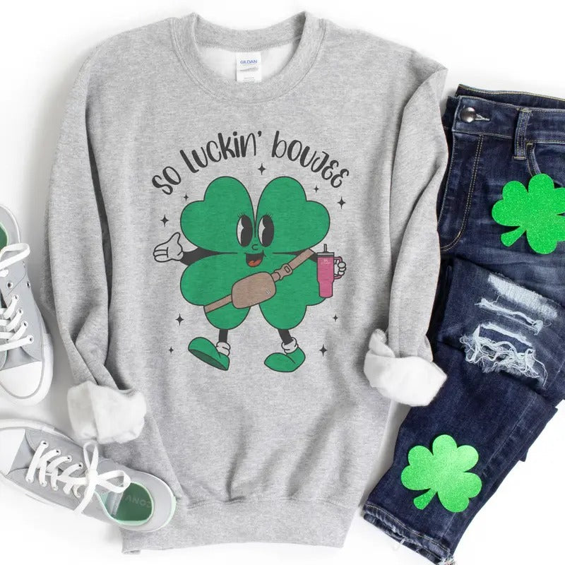 So Luckin Boujee Sweatshirt St. Patricks Boujee Pullover St. Patty Clover Hoodie Retro Clover Lucky Sweatshirt St. Pattys...