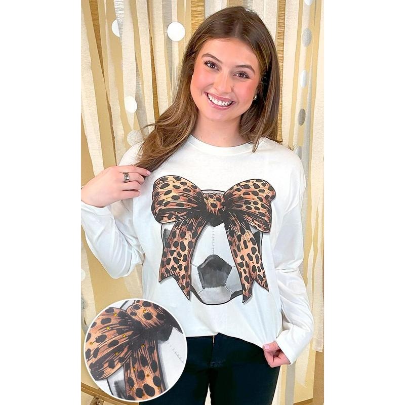 Soccer Cheetah Bow Rhinestone Graphic Long Sleeve Shirt Hoodie Sweatshirt | PrintMintTees.com