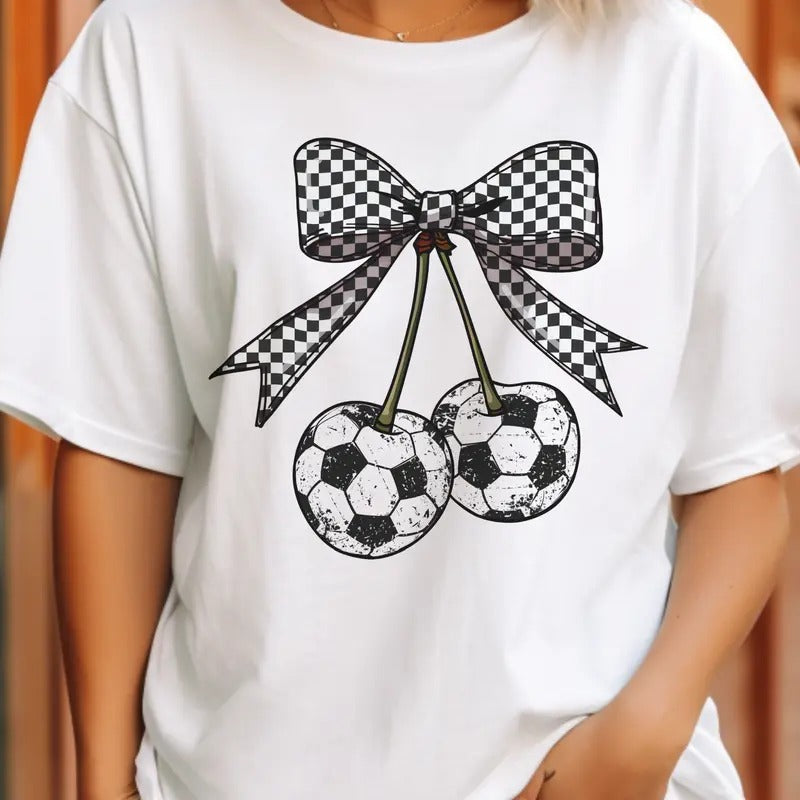 Soccer Cherries Checkerboard Bow Graphic Tee Volleyball Sports Cherry Graphic Tee Football Sports Cherries Tshirt Hoodie,...