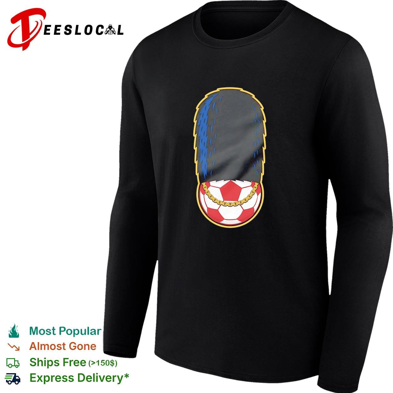 Soccer ball wearing British oyal guard and gold chain shirt