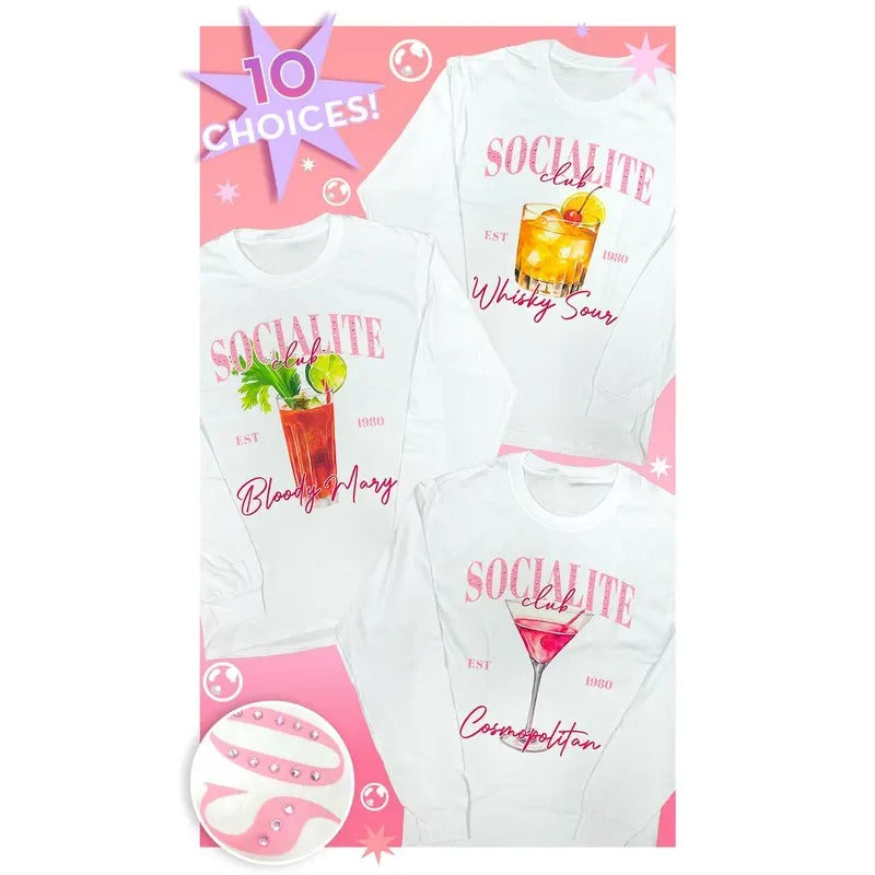 Socialite Drink Club Rhinestone Graphic Long Sleeve T-Shirt Hoodie Sweatshirt | PrintMintTees.com
