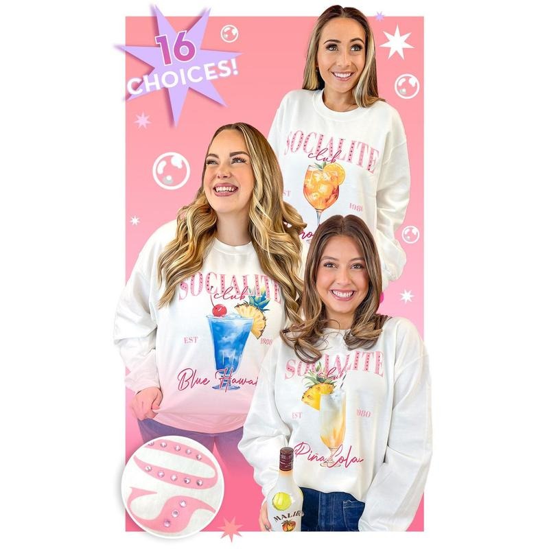 Socialite Drink Club Rhinestone Graphic Sweatshirt Shirt Hoodie | PrintMintTees.com