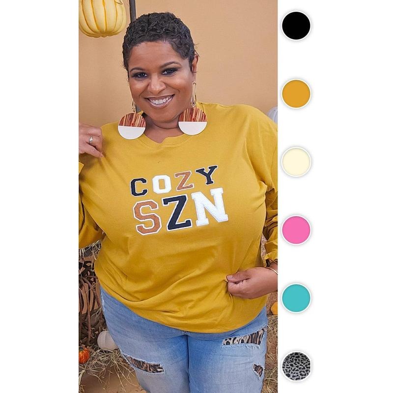 Soft Chenille Cozy SZN Graphic Boyfriend Long Sleeve T-Shirt Hoodie Sweatshirt | PrintMintTees.com