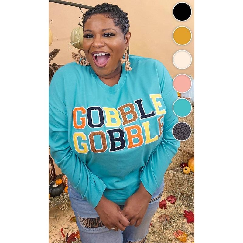Soft Chenille Gobble Gobble Graphic Boyfriend Long Sleeve T-Shirt Hoodie Sweatshirt | PrintMintTees.com