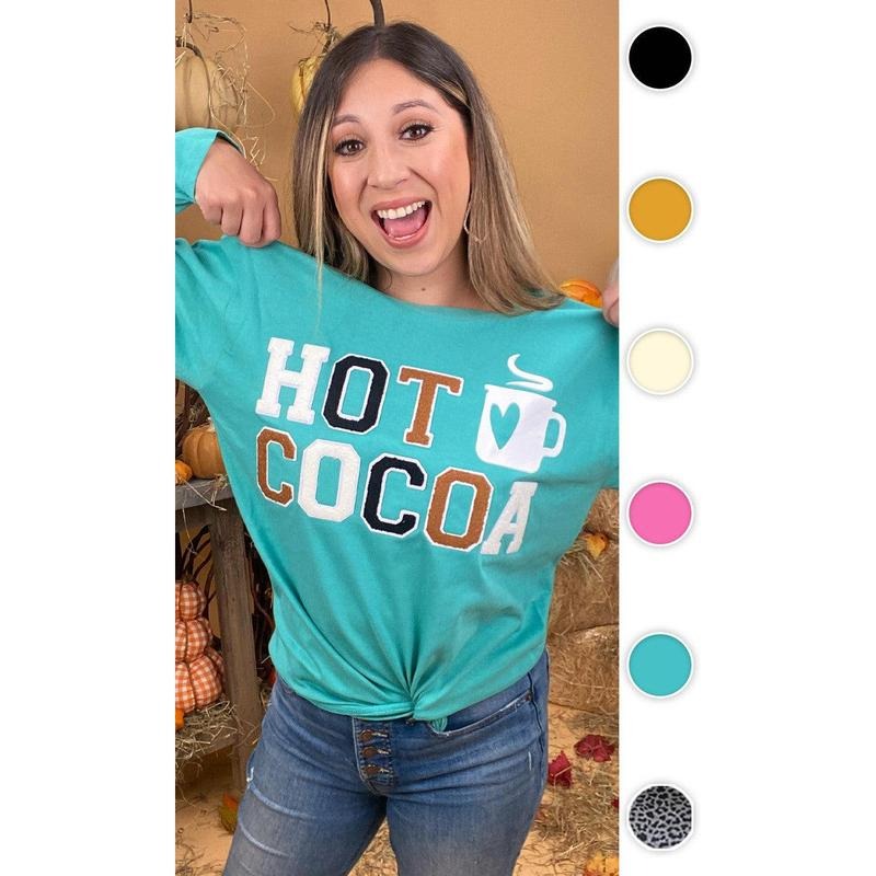 Soft Chenille Hot Cocoa Graphic Boyfriend Long Sleeve T-Shirt Hoodie Sweatshirt | PrintMintTees.com