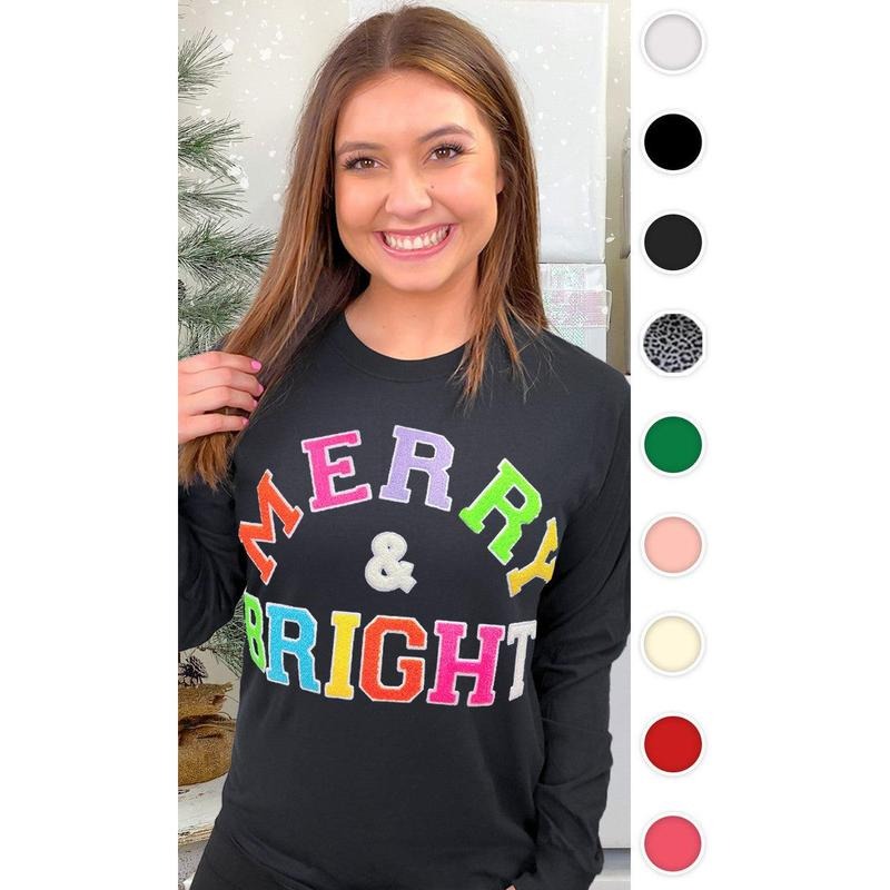 Soft Chenille Merry and Bright Graphic Long Sleeve T-Shirt Hoodie Sweatshirt | PrintMintTees.com
