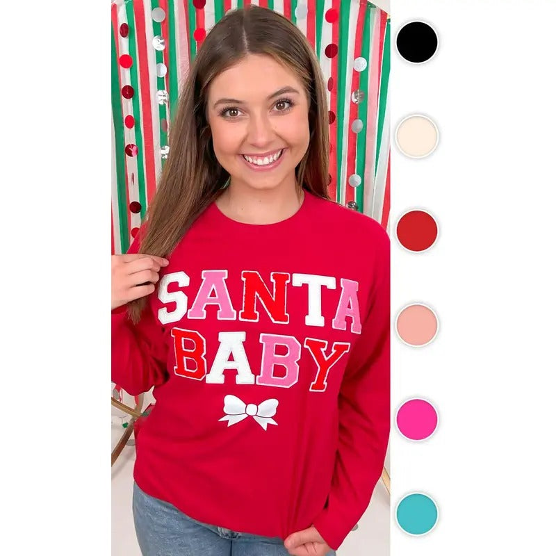 Soft Chenille Santa Baby Boyfriend Long Sleeve T-Shirt Hoodie Sweatshirt | PrintMintTees.com