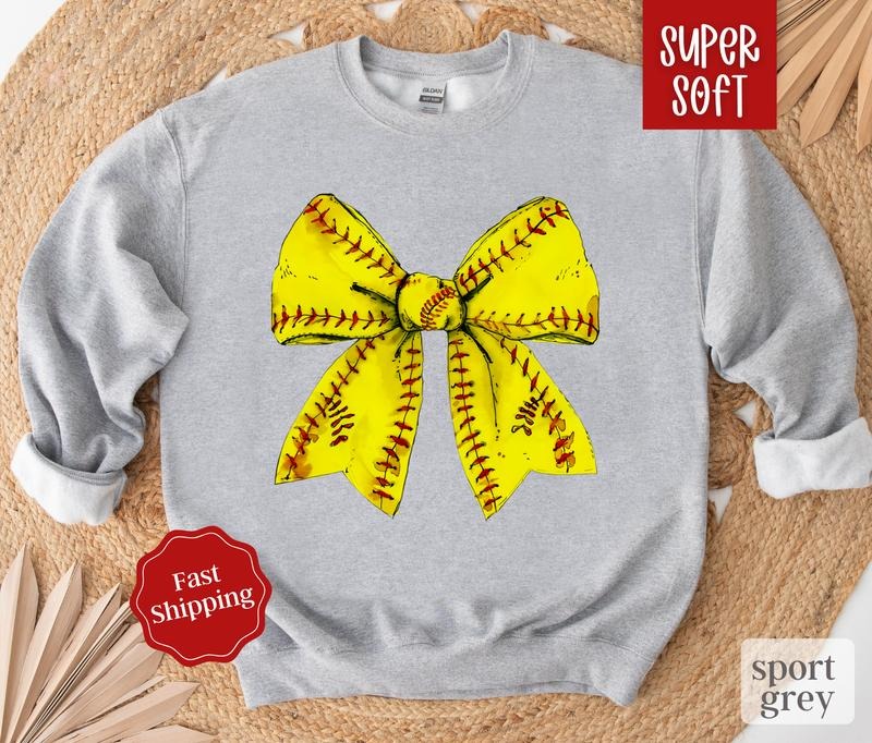 Softball Bow Sweatshirt, Game Day Softball Crewneck, Womens Sweatshirt, Fall Sweater T-Shirts, Hoodie | PrintMintTees.com