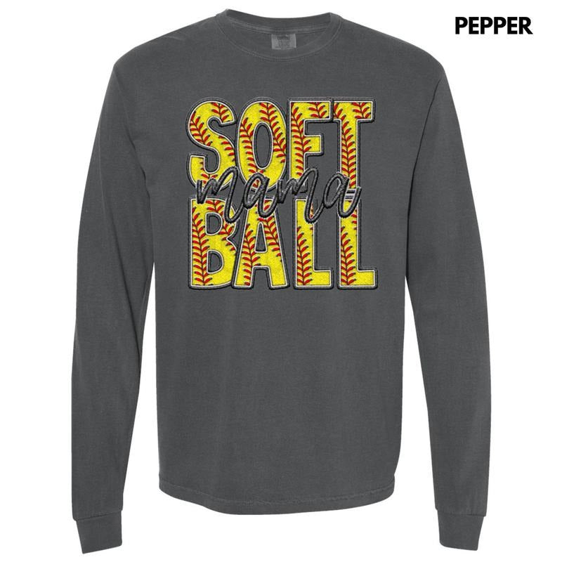 Softball Mama Faux Embroidery Long Sleeve Comfort Colors T-Shirts, Hoodie, Sweatshirt