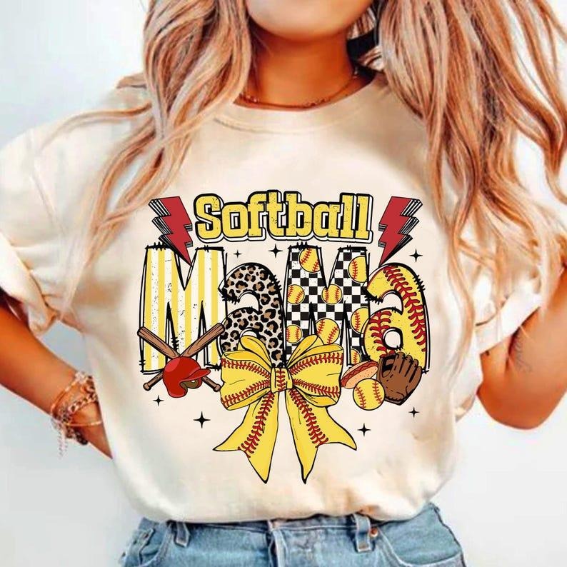 Softball Mama Shirt, Checkered Bow sweatshirt, Team Spirit, Game Day T-Shirt Hoodie | PrintMintTees.com