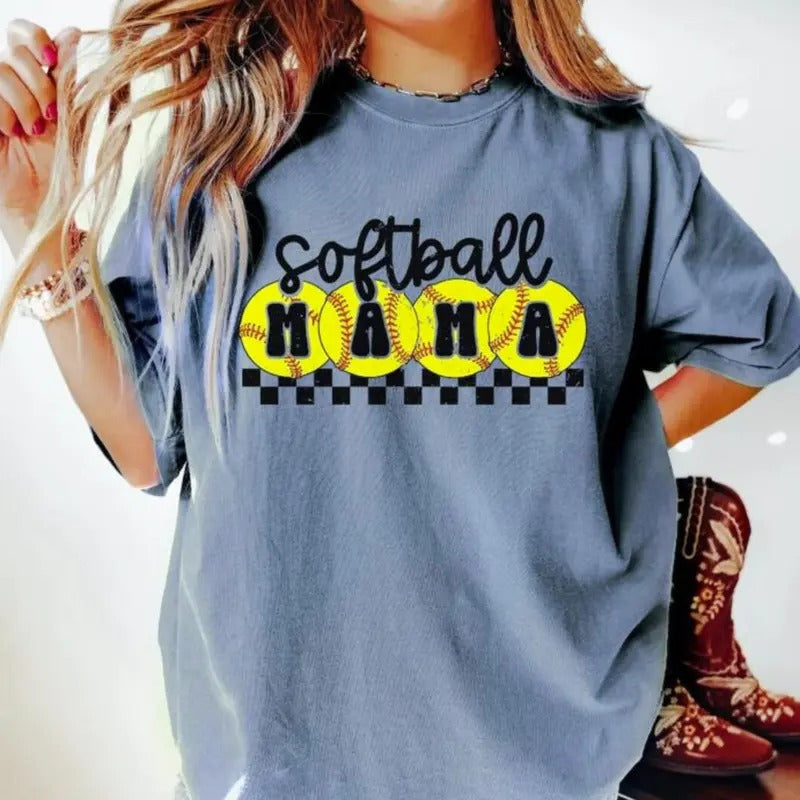 Softball Mama Shirt, Retro Checkered Mama Shirt, T Ball Mom, Softball Mom Shirt, Gift for Mom, Sports Mom Shirt Menswear...