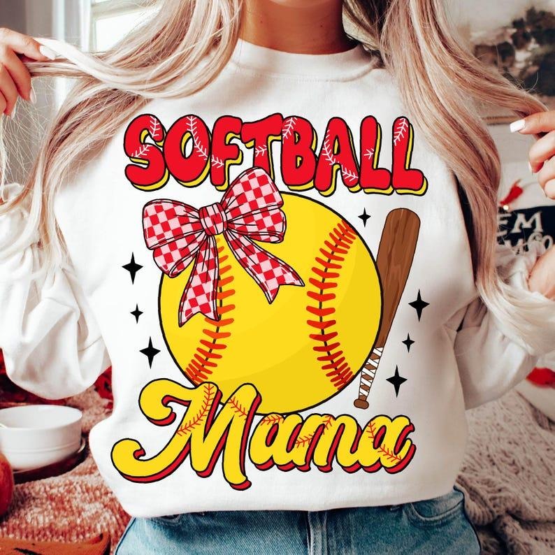 Softball Mama Sweatshirt Retro Softball Coquette Game Day Softball Bow Softball Mom Gift Shirt Hoodie | PrintMintTees.com