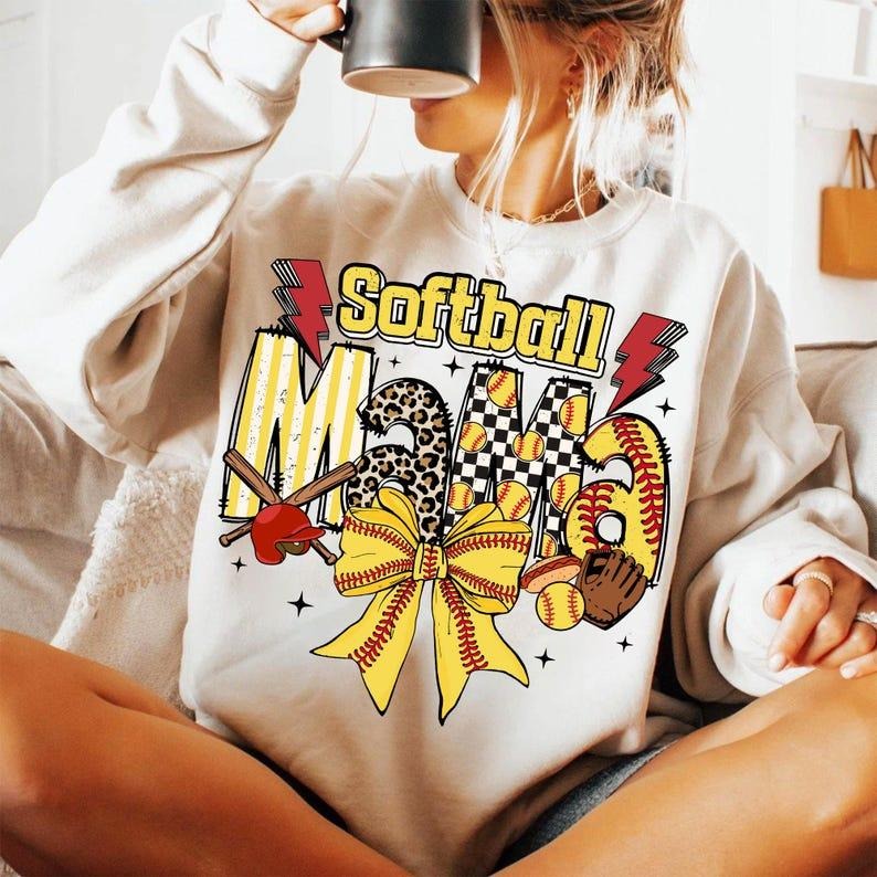 Softball Mama Sweatshirt Softball Coquette Game Day Softball Bow Checker Softball Team Spirit Shirt Hoodie