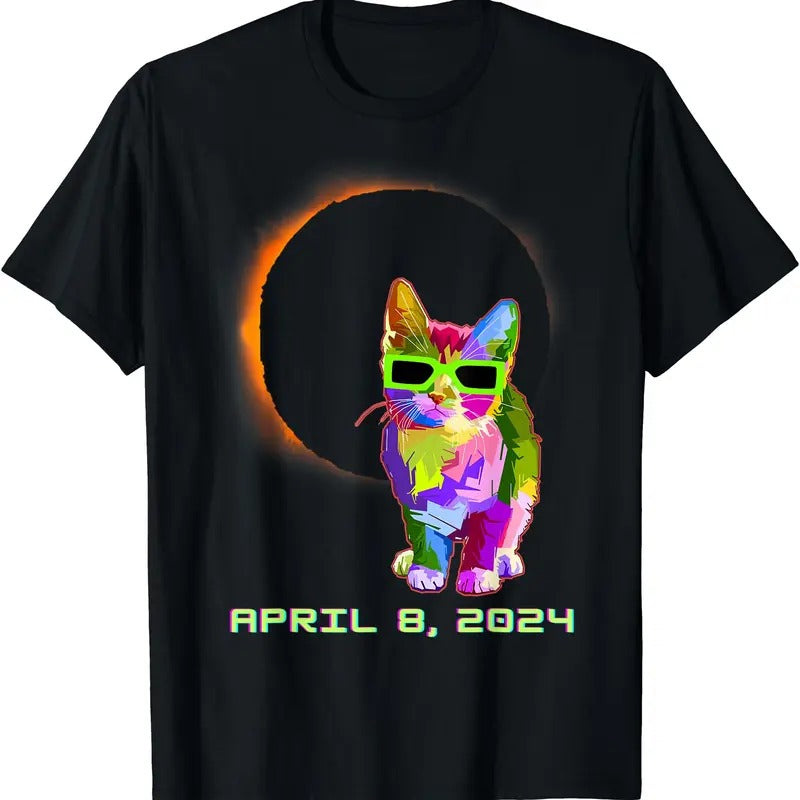 Solar Eclipse 2024 Cat Wearing Solar Eclipse Glasses Cotton Full Size Shirt Hoodie Sweatshirt