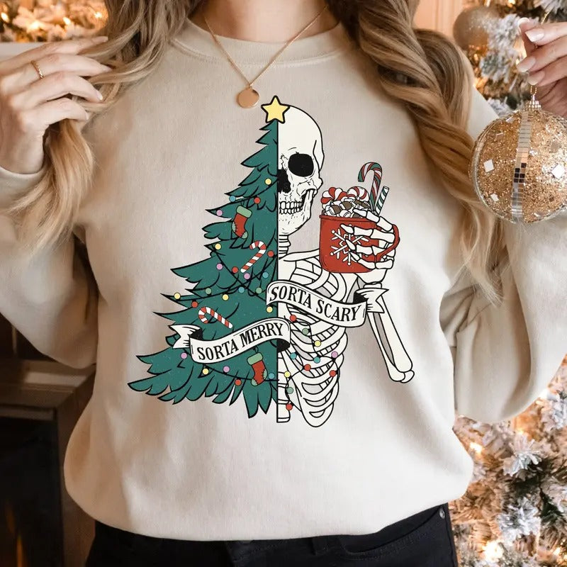 Sorta Merry Sorta Scary Sweatshirt, Christmas Sweatshirt, Funny Skeleton Christmas Sweater, Christmas Tree Shirt,...