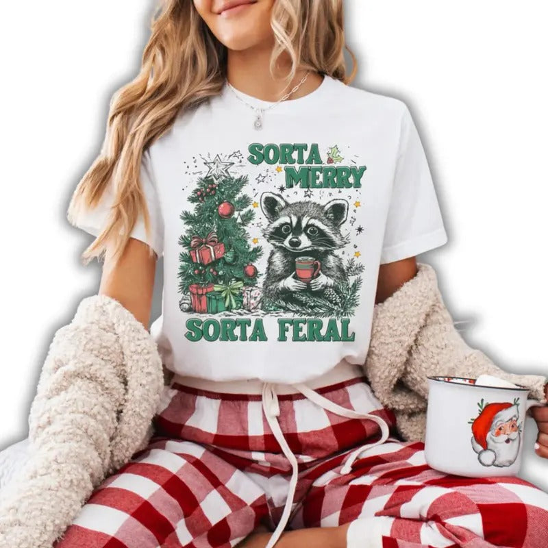 Sorta merry sorta feral racoon T-shirt, Funny Christmas Season sweatshirt Hoodie | PrintMintTees.com