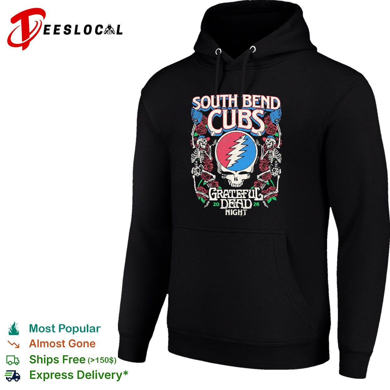 South Bend Cubs Grateful Dead Night 2026 Steal Your Face Baseball Skeleton shirt