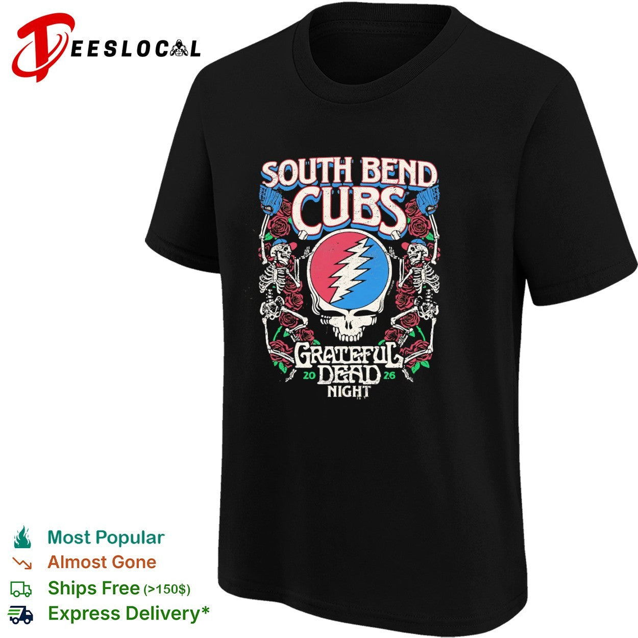 South Bend Cubs Grateful Dead Night 2026 Steal Your Face Baseball Skeleton shirt