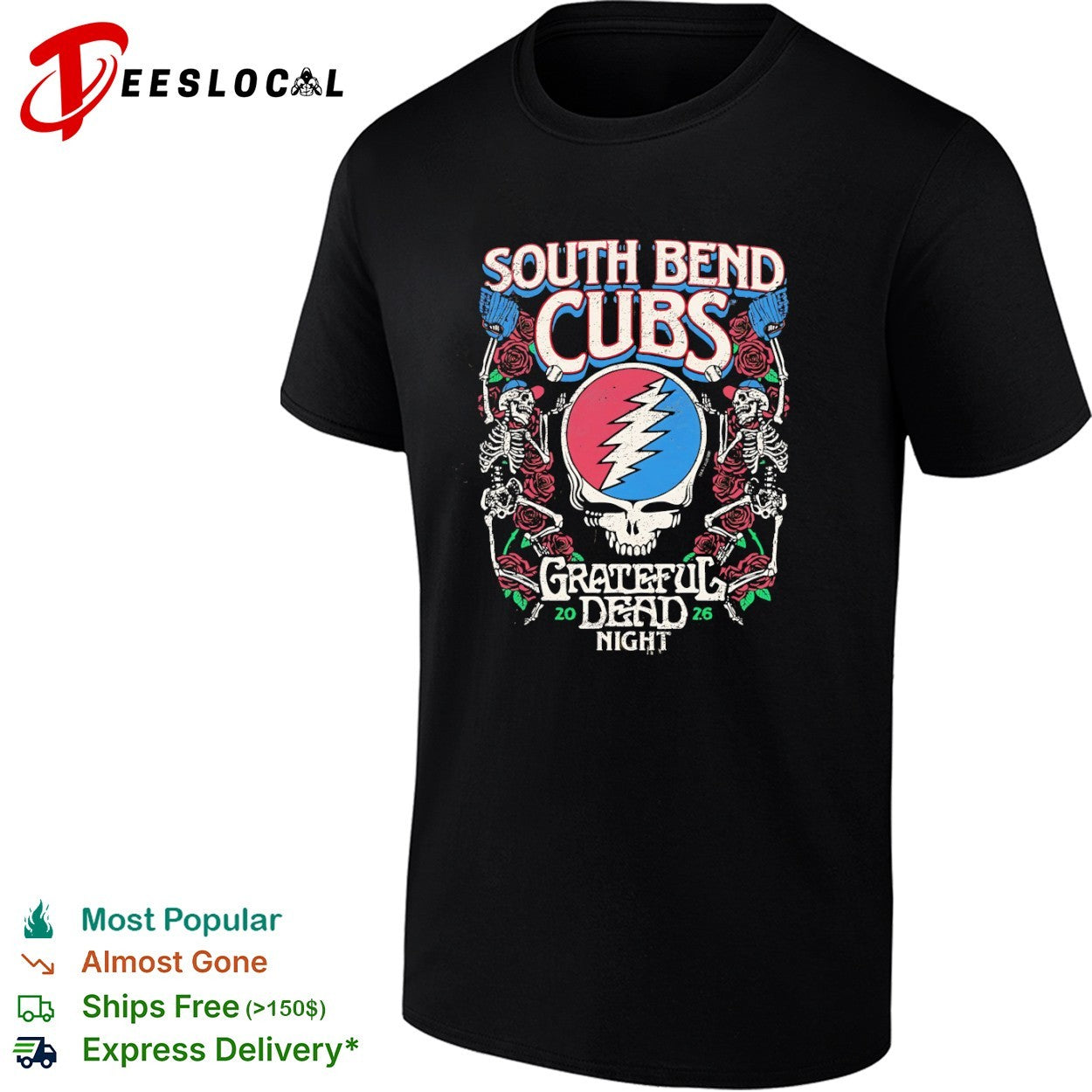 South Bend Cubs Grateful Dead Night 2026 Steal Your Face Baseball Skeleton shirt
