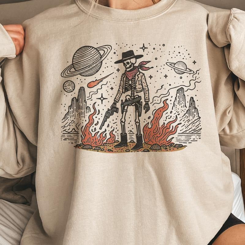Space Cowboy Graphic Sweatshirt Western Cowboy Pullover Space Skull Sweatshirt Casual Sweatshirt Shirt Hoodie