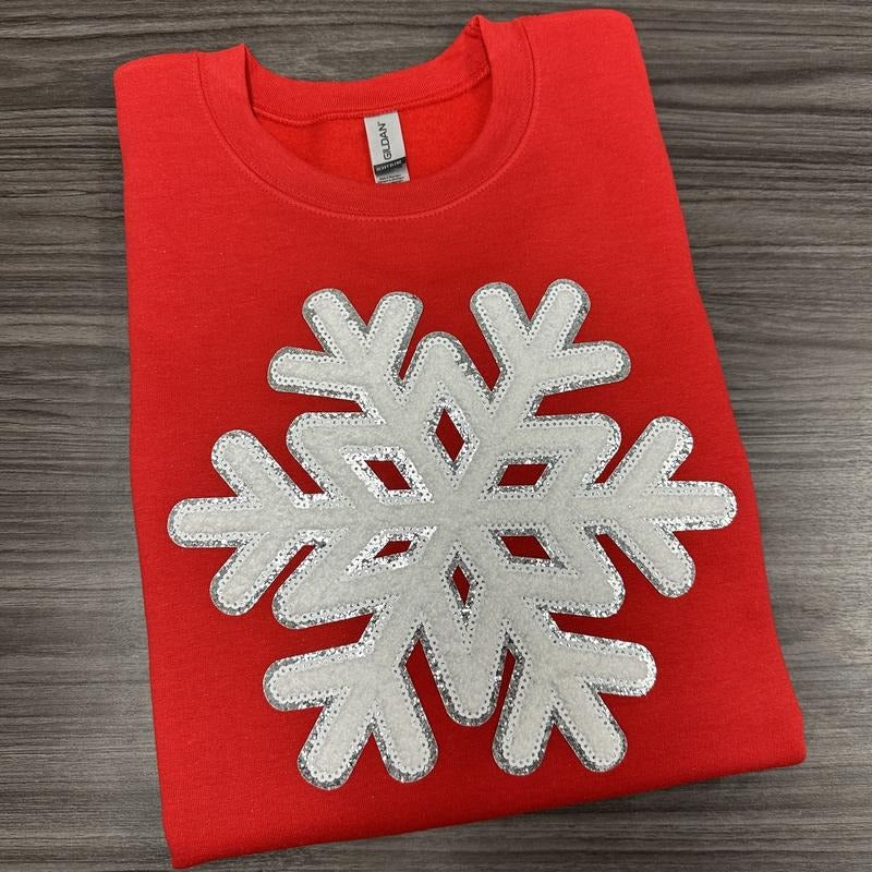 Sparkling Snowflake Patch Gildan Sweatshirt -- RED T-Shirts, Hoodie | PrintMintTees.com