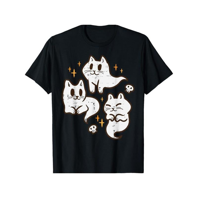 Spooky Cat Ghosts Retro Vintage Halloween Women Girls T-Shirt Men's Crew Neck Shirt Summer Comfortable Casual Short...