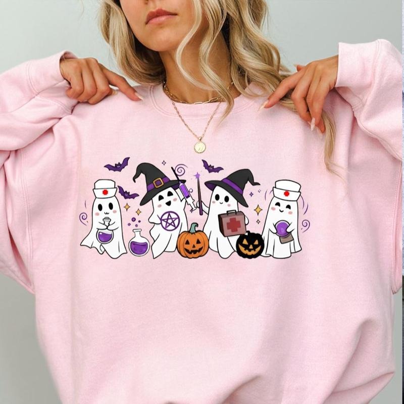 Spooky Cute Halloween Nurse Sweatshirt, Ghost Vet Tech Shirt, Dog Mom Medical Graphic Tee, Cozy Fall Nurse Top, Unisex...