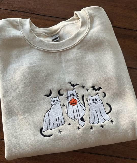 Spooky Ghost Cat Embroidered Long Sleeve Casual Menswear Halloween Top T-Shirts, Hoodie, Sweatshirt