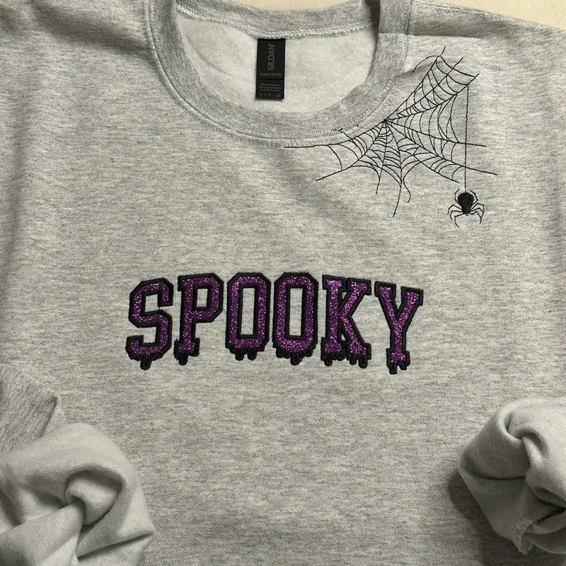 Spooky Glitter and spider web Embroidered Crewneck Sweatshirt Shirt Hoodie | PrintMintTees.com