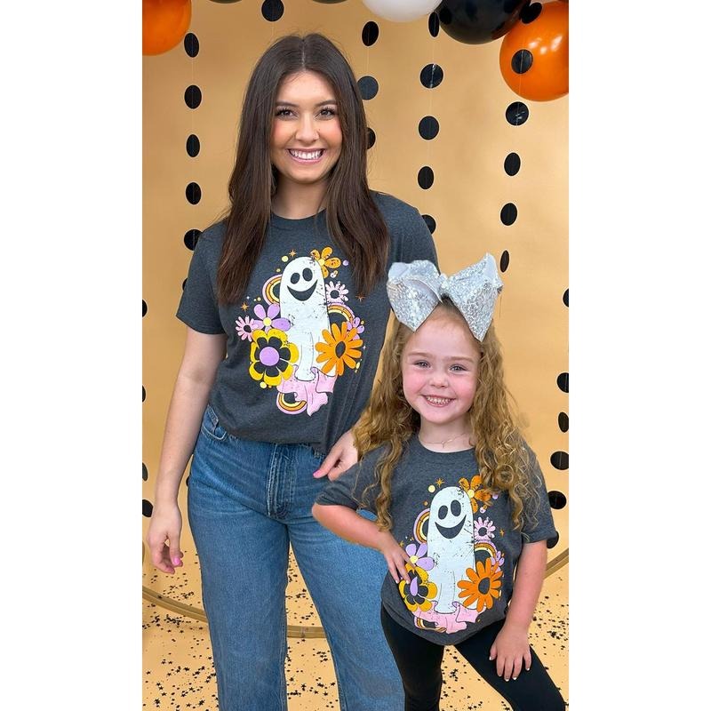 Spooky Groovy Vibes Graphic T-Shirt - Distressed Halloween Ghost Tee - Black Heather Hoodie Sweatshirt | PrintMintTees.com