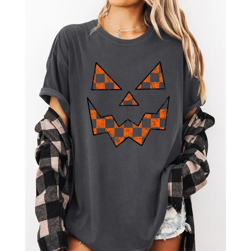 Spooky Jack-o-lantern, Retro Halloween, Pumpkin, Fall, Autumn, Checkered Shirt, Women's Comfort Color Tee, Tshirt Hoodie...