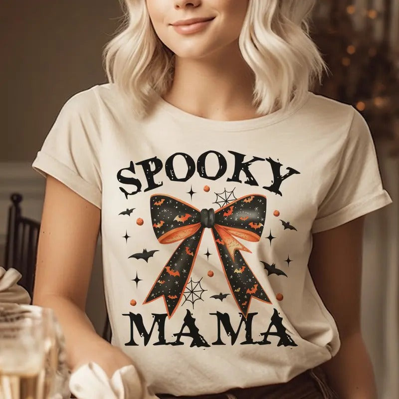 Spooky Mama Halloween Spooky Mama Halloween Bow Halloween Fall Mama Halloween Bow Mama Top Halloween T-Shirts, Hoodie, Sweatshirt