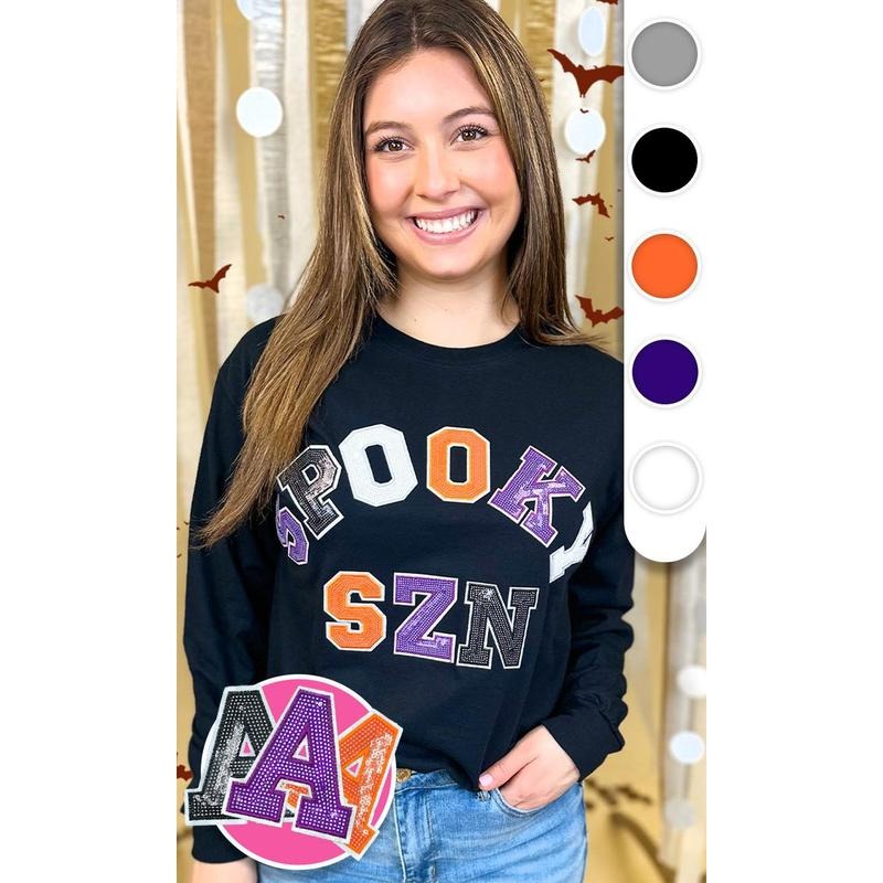 Spooky Season Sequin Graphic Long Sleeve T-Shirt Hoodie Sweatshirt | PrintMintTees.com