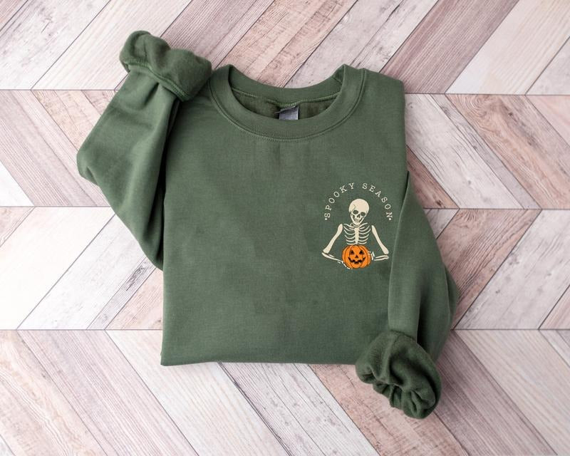 Spooky Season Sweatshirt, Skeleton Halloween Sweatshirt, Skeleton Pumpkin Sweatshirt, Minimal Halloween Sweater, Skeleton...