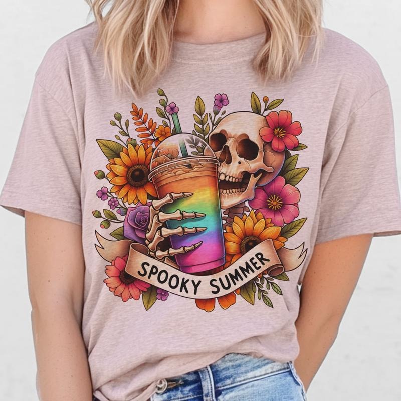 Spooky Summer Floral Skull Rainbow Drink Floral Skeleton Summer Casual Spooky Summer Top T-Shirts, Hoodie, Sweatshirt