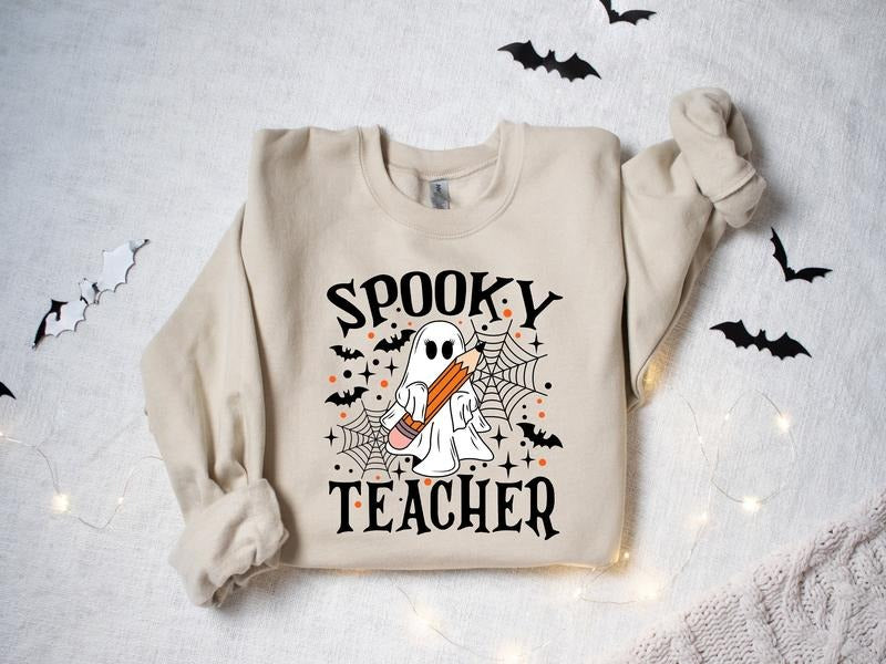 Spooky Teacher Sweatshirt, Fall Halloween Teacher Sweater, Ghost Shirt, Halloween Ghost Teacher Shirt, Spooky Season...