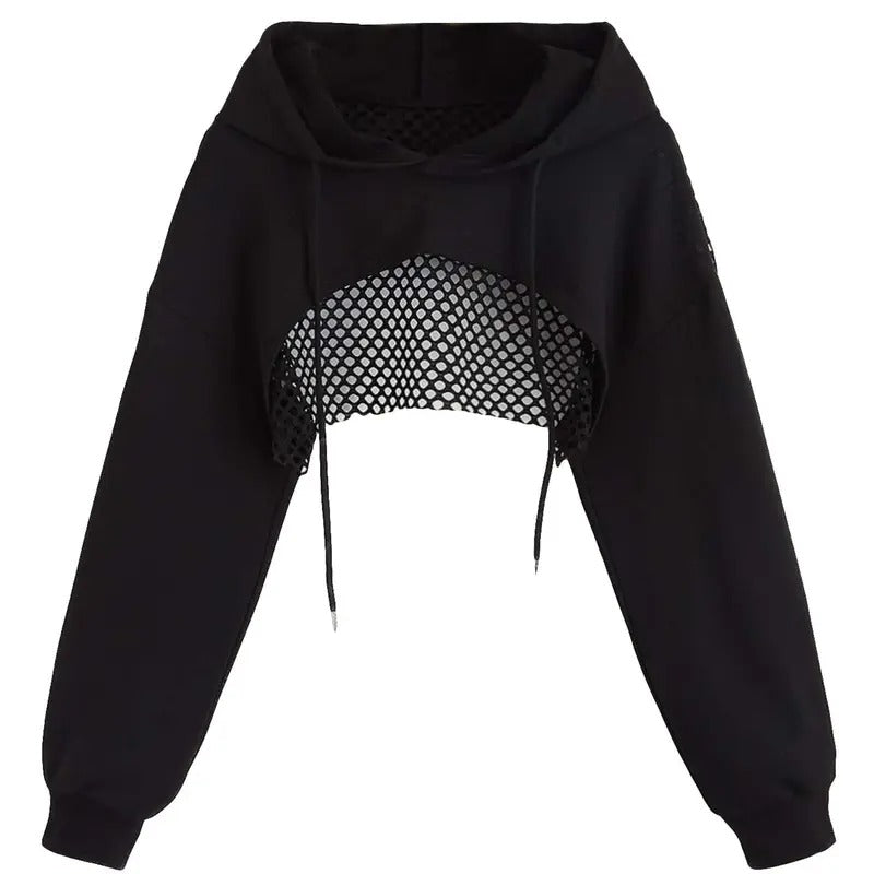 Sports Cropped Sweatshirt Hollow Out Crop Tops Drop Shoulder Drawstring Pullover Cropped Shirt Hoodie | PrintMintTees.com