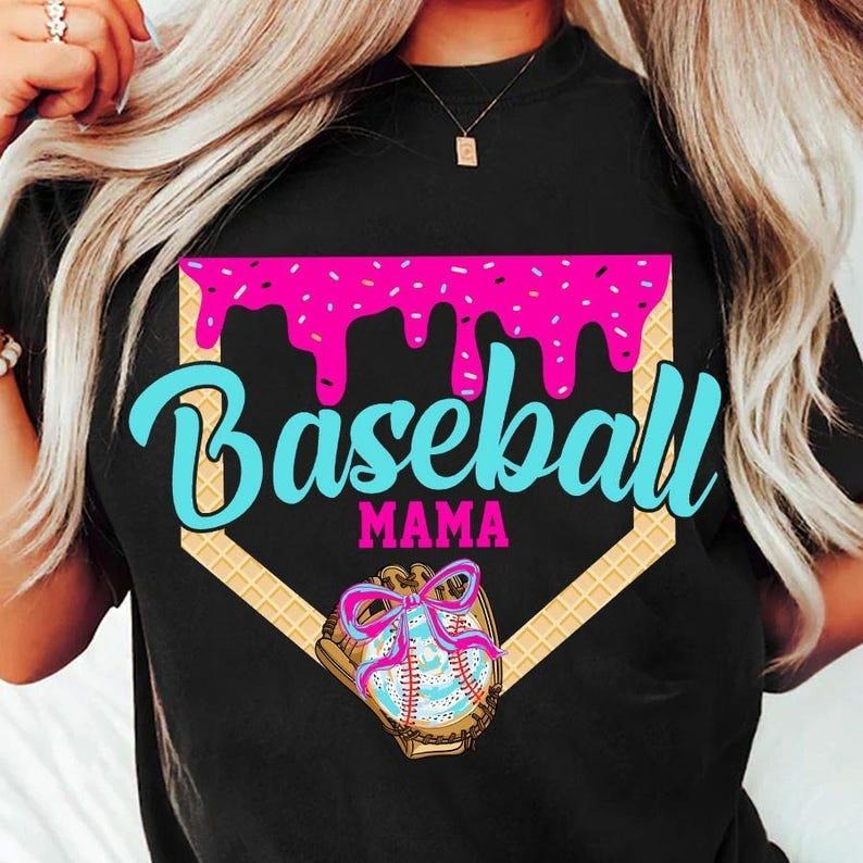 Sporty Baseball Drip Tee tshirt, Preppy Ice Cream Print tshirt, Retro Mom Look tshirt, women tops, shirt for women Hoodie...