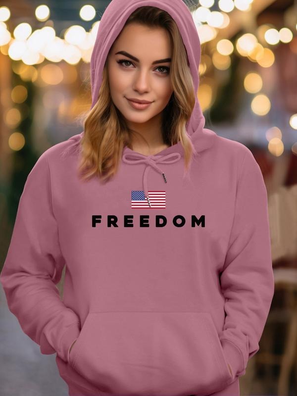Spring & Fall Fashion Casual Fitted Freedom Letter Print Hoodie Sweatshirt with Pocket, Comfortable Daily Wear, 6 Colors...