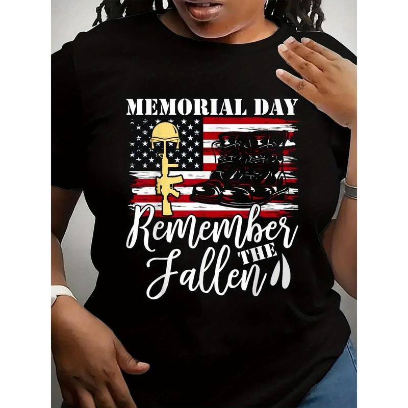 Spring & Summer  women'S clothing Memorial Day Remember The Fallen Patriotic Veterans Tribute Print Round Neck Short...