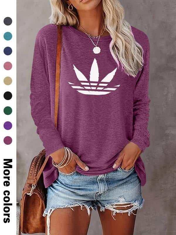 Spring Autumn Fashion Casual Simple Plant Print Long Sleeve Women's T-Shirt, Comfortable Fabric, 9 Colors Available...