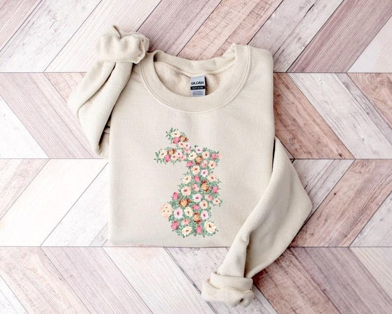 Spring Floral Bunny Shirt, Easter T-Shirt, Easter Bunny Sweatshirt, Floral Rabbit Sweatshirt, Spring Easter Hoodie and...