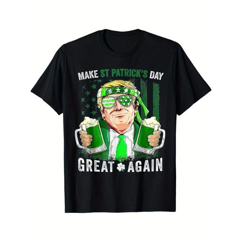 St. Patrick's Day Gamer Tee - Men's Black Cotton T-Shirt with Four Leaf Clover Print, Regular Fit for Casual Wear &...