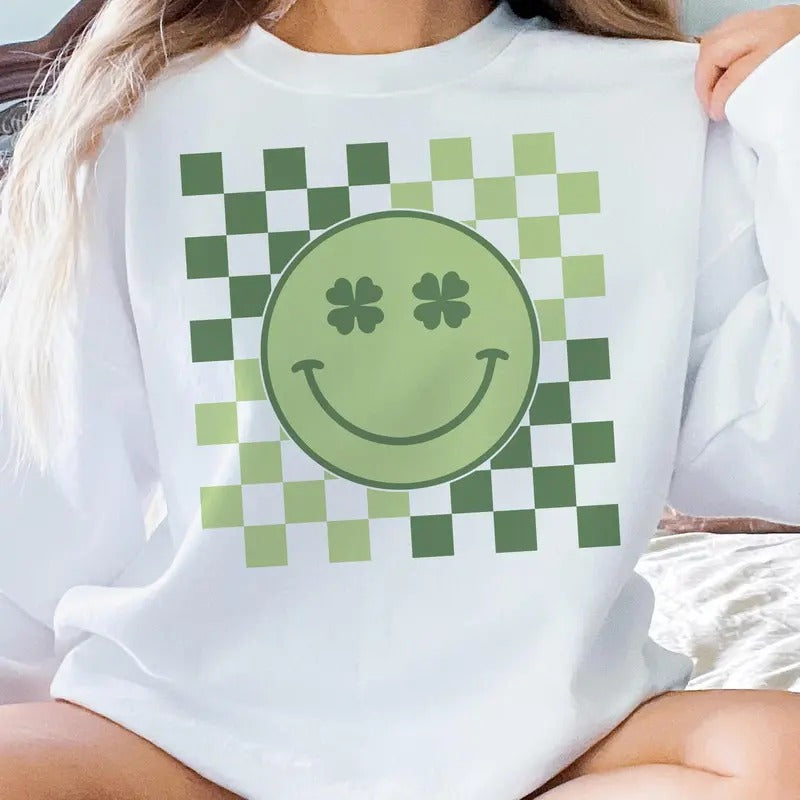 St. Patricks Day Retro Clover Smiley Sweatshirt T-Shirts, Hoodie | PrintMintTees.com