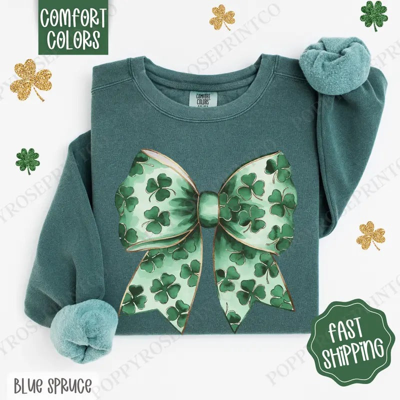 St Patrick Bow 1 Comfort Colors Sweatshirt, St Patrick's Day Women's Crewneck, Cute Women's Sweater T-Shirts, Hoodie