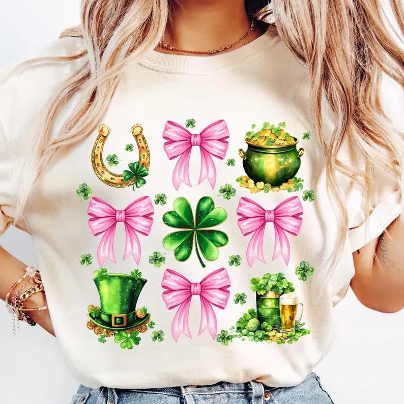 St Patrick Day Coquette Bow t-shirt,sweatshirt,hoodie, Lucky Shamrock sweatshirt, St Patrick Day hoodie, Irish Shamrock...