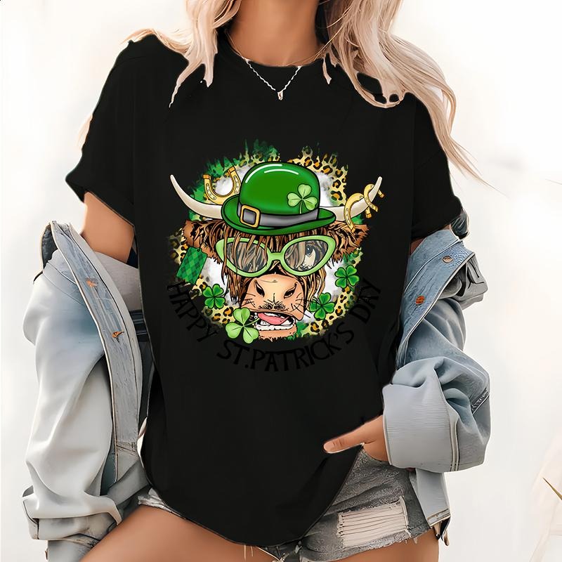 St Patrick's Day Highland Cow T Shirt, Hairy Cow Pattern Tops, Fluffy Cows Print Tee, Shaggy Cow, Cow Gift for Cow Lover,...