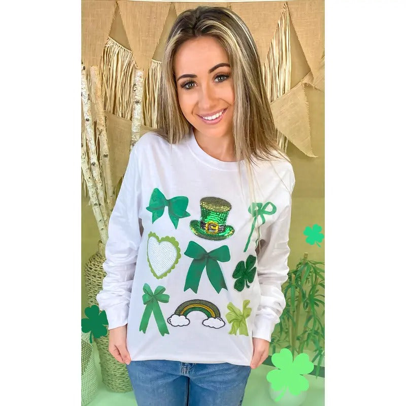 St Patricks Day Sequin Bows Graphic Long Sleeve T-Shirt Hoodie Sweatshirt | PrintMintTees.com