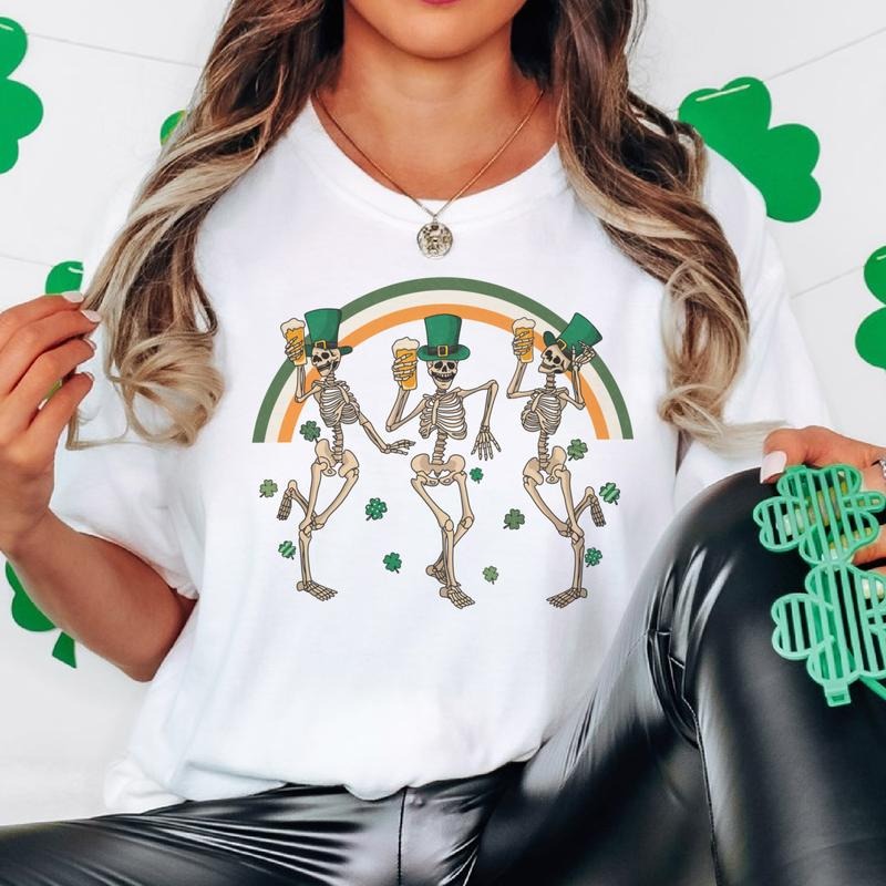 St. Patrick's Day Dancing Skeleton T-Shirts Dancing Skeleton St. Patrick's Day Tees Irish Skull Tshirts Clovers and...